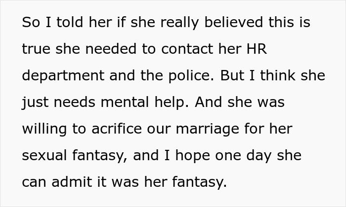 Text excerpt discussing wife cheating on husband and offering unbelievable excuse involving mind control and marriage issues.