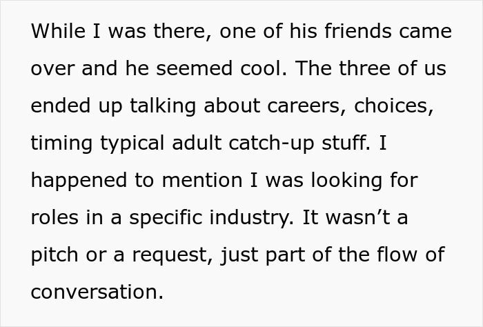 Text excerpt about a casual career conversation where a guy tries to cash in on a job through a cousin's friend.