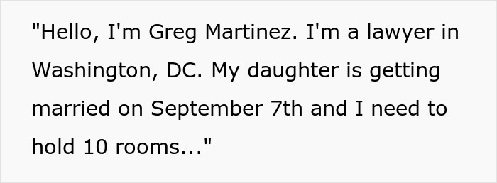 Text excerpt showing a lawyer requesting hotel room discounts for his daughter's wedding, sparking a dispute. Text excerpt showing a lawyer requesting hotel room discounts for his daughter's wedding, sparking a dispute.