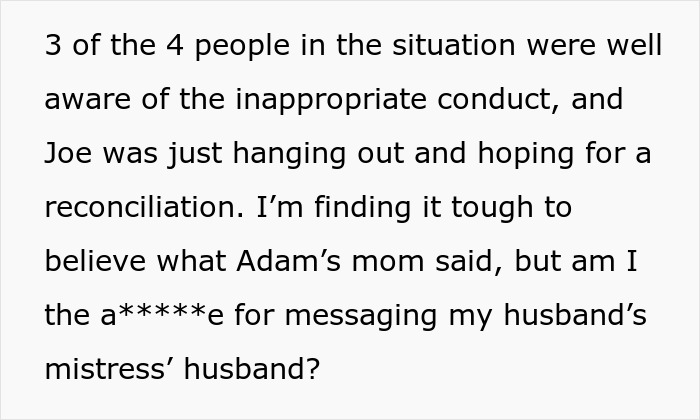 Wife Texts Hubby’s Mistress’s Husband To Expose Affair, Asks Internet If She Went Too Far Wife Texts Hubby’s Mistress’s Husband To Expose Affair, Asks Internet If She Went Too Far
