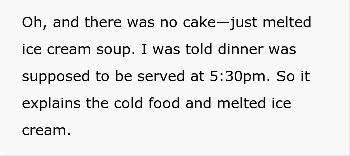 Text describing a chaotic wedding experience with cold food, melted ice cream, and no cake like a wedding on The Sims.