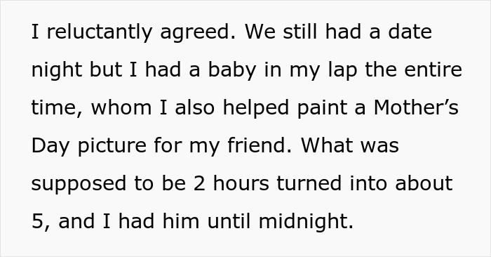 Text excerpt describing a babysitting experience during a date night, highlighting challenges of vacation without kids babysitting. Text excerpt describing a babysitting experience during a date night, highlighting challenges of vacation without kids babysitting.