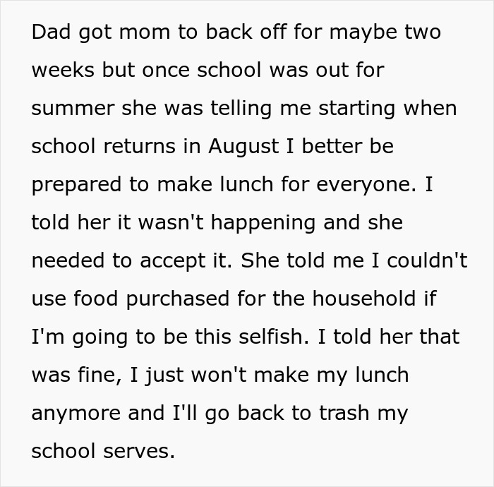 Alt text: Mom guilt-trips son making lunch only for himself, refusing to share with siblings during summer break.