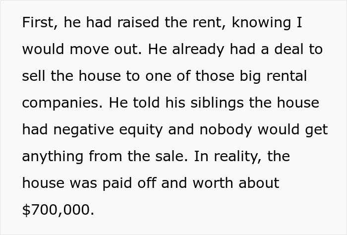 Text excerpt explaining landlord&rsquo;s deceptive rent increase and house sale despite its high value and paid-off status.