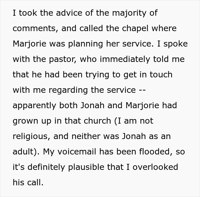 Text excerpt about widow contacting chapel and pastor amid best friend and memorial plans drama involving secret babies.