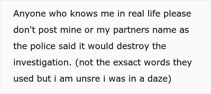 Text message asking to avoid posting real names of sender or partner due to police investigation concerns.