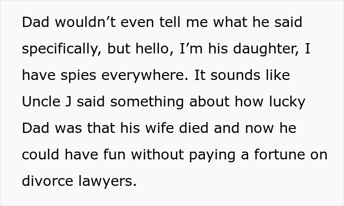 Text excerpt discussing bride's dad divorce drama revealed during wedding, highlighting unexpected family conflict.