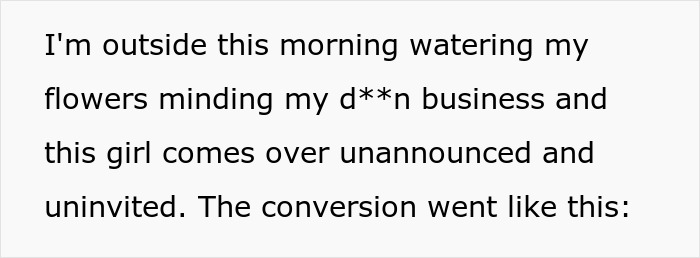 Text conversation excerpt showing a neighbor refusing to move her car from a public spot to park. Text conversation excerpt showing a neighbor refusing to move her car from a public spot to park.