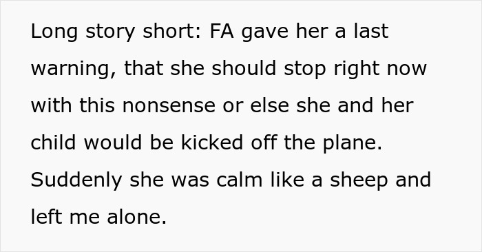 Text describing an entitled mother insists paying upgrade situation on a plane after a flight attendant's warning.