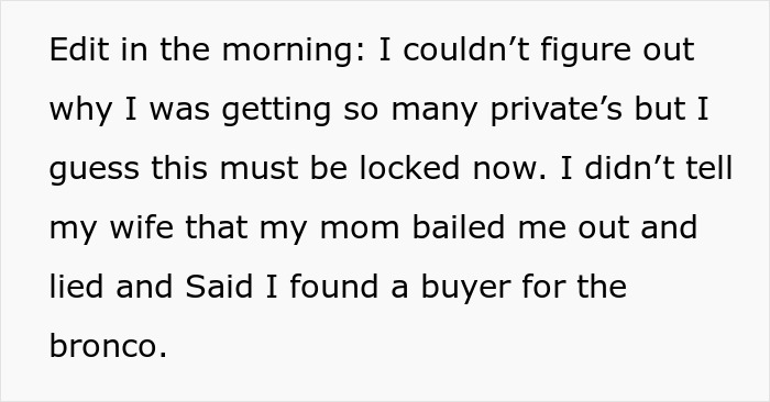 Text excerpt describing a man deceiving his postpartum wife to buy a 1972 Ford Bronco for $23K.