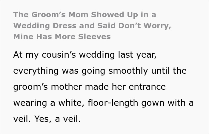 Groom&rsquo;s mom in a white wedding dress with sleeves disrupts the couple&rsquo;s big day by upstaging the bride.