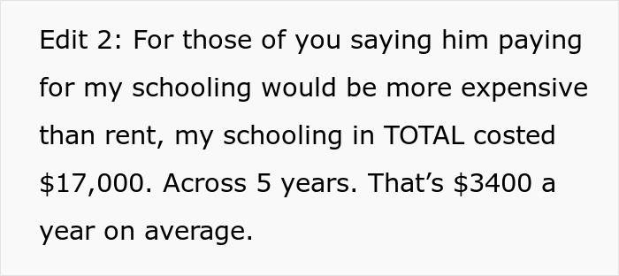 Text excerpt discussing the cost of schooling compared to rent, focusing on expenses over five years.