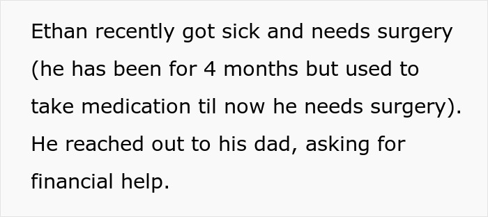 Text about stepson Ethan needing surgery and asking his dad for financial help, highlighting stepson surgery cost issue. Text about stepson Ethan needing surgery and asking his dad for financial help, highlighting stepson surgery cost issue.