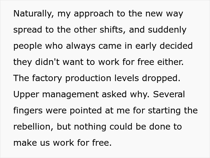 Text excerpt describing a factory shift rebellion where workers comply by not going the extra mile, impacting production levels. Text excerpt describing a factory shift rebellion where workers comply by not going the extra mile, impacting production levels.