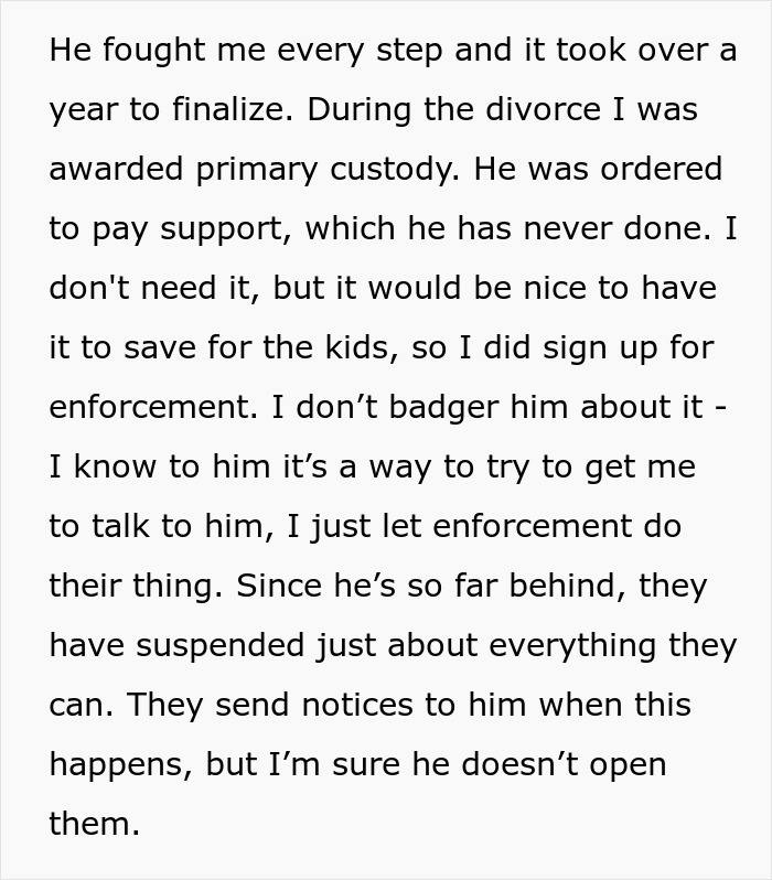 Text excerpt about custody and unpaid support related to woman not warning deadbeat ex about revoked passport stranding him at airport.