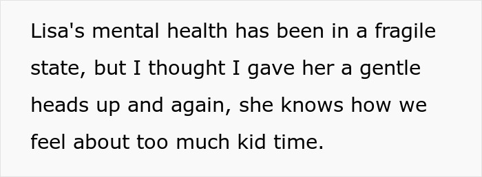 Text excerpt about a child-free lady warning her sister against too much babysitting and its impact on mental health.
