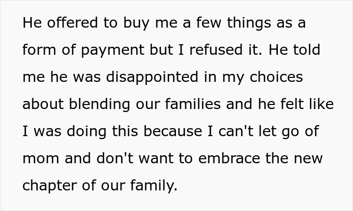 Text showing a teen refusing to be part of a blended family while the stepmom expects him to babysit anyway.