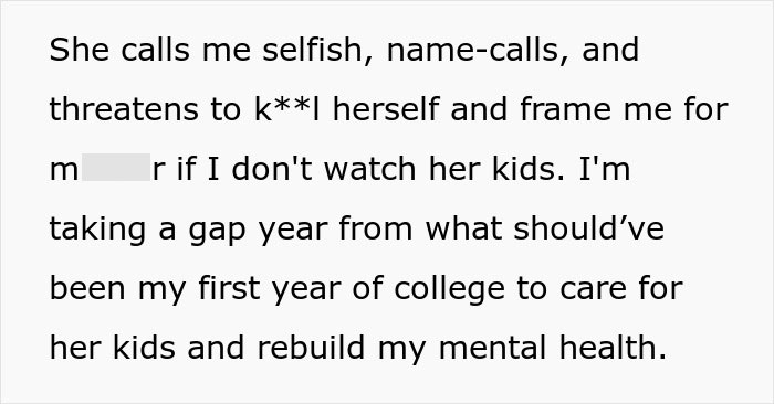 Text excerpt describing conflict about sibling babysit during a senior year gap for mental health care and family pressure.