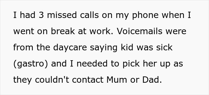 Text showing missed calls and voicemails from daycare about a sick kid needing pickup when emergency contact refuses.