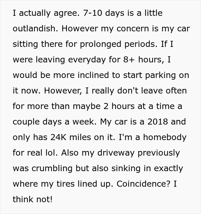 Text discussing concerns about a car parked for prolonged periods and limited daily use in a public spot. Text discussing concerns about a car parked for prolonged periods and limited daily use in a public spot.