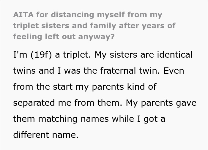 Text post about a triplet feeling left out as family favors matching triplets and ignores the fraternal sister.