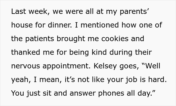 Text excerpt showing a woman discussing how her sister-in-law’s rude comment about her job led to babysitting refusal. Text excerpt showing a woman discussing how her sister-in-law’s rude comment about her job led to babysitting refusal.