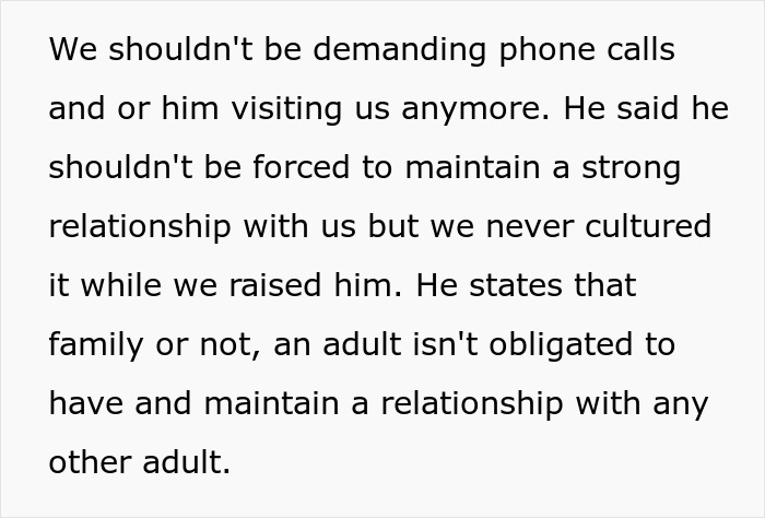 Text discussing parents reflecting on neglect and strained relationships after their son expresses anger and distance over years.