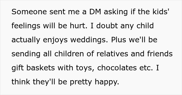 Text of a message explaining that the bride replaces kids with pets at her wedding and will send gift baskets to children.