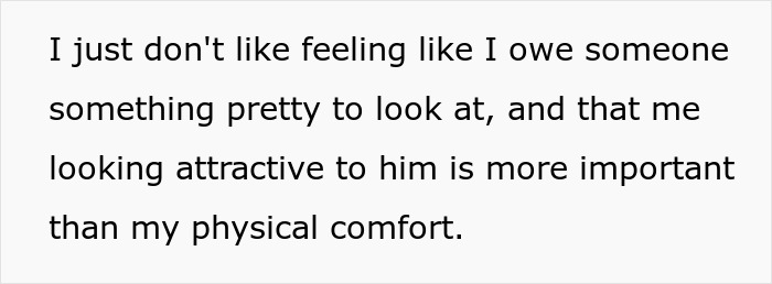 Text on white background expressing discomfort about feeling pressured to wear sexy clothes to please a partner.