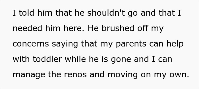 Text excerpt showing a wife managing renovations and moving alone while husband travels, highlighting married couple moving houses.