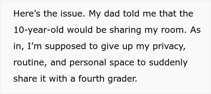 Text message explaining a 22-year-old confronting her dad about his girlfriend making her share a room with a 10-year-old.