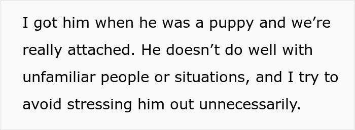 Text about attachment to dog and avoiding stress, relating to refusing to lend dog for aesthetic maternity shoot. Text about attachment to dog and avoiding stress, relating to refusing to lend dog for aesthetic maternity shoot.