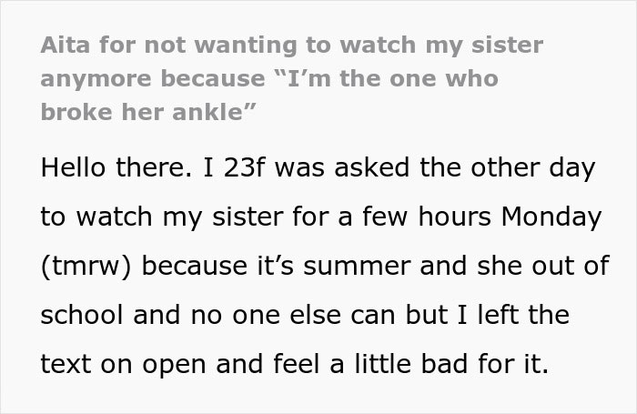 Text excerpt about a woman refusing to watch her sister again after family claims she broke her leg.