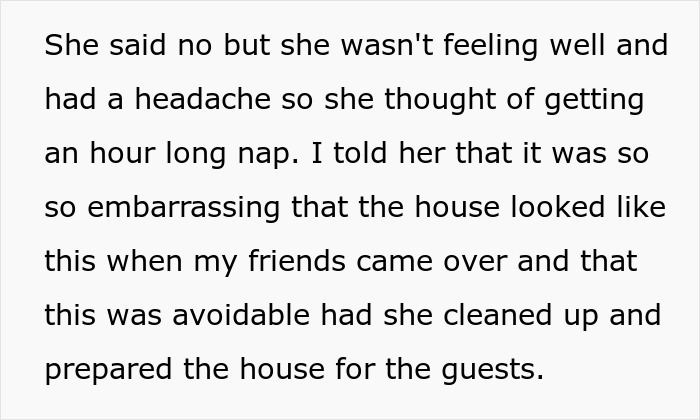 Text discussing husband upset with messy home and blaming ill wife for not cleaning before guests arrive.