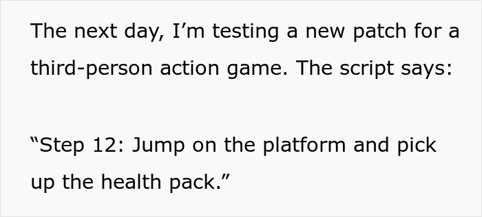 Text showing a tester working on exploratory testing for a third-person action game patch, encountering bugs. Text showing a tester working on exploratory testing for a third-person action game patch, encountering bugs.