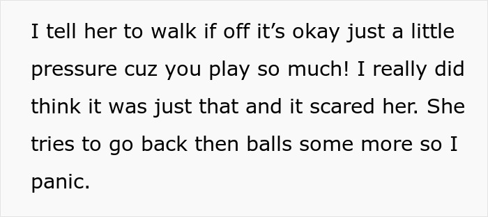 Text snippet describing a woman refusing to watch her sister again after family claims she broke her leg, showing concern and panic.