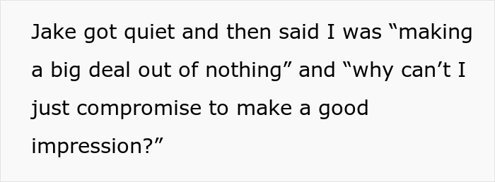 Text on a white background showing a quote about Jake asking why the woman refuses to cut her hair for boyfriend&rsquo;s mom's party.