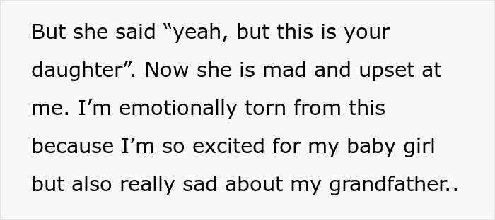 Man emotionally torn choosing funeral over first look at daughter, pregnant wife says he&rsquo;s prioritizing death over life.