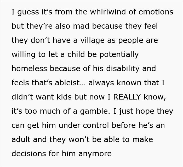 Text excerpt discussing emotions and concerns about babysitter refusal to watch a child with a disability and discrimination claims.