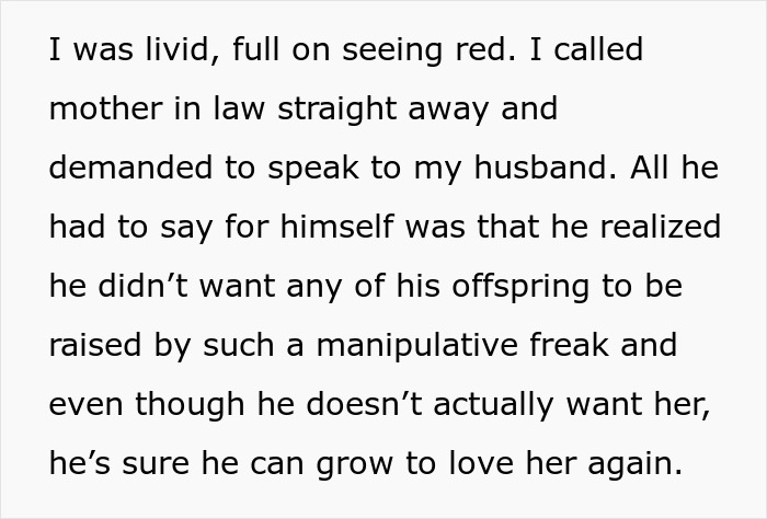 Screenshot of a message describing a mother-in-law accusing pregnant daughter-in-law of manipulating baby's gender causing divorce filing.