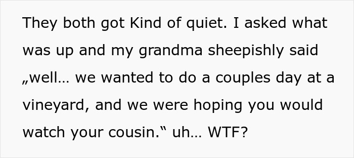 Woman looking surprised and disappointed after finding out she is invited to family holiday only to babysit cousin.