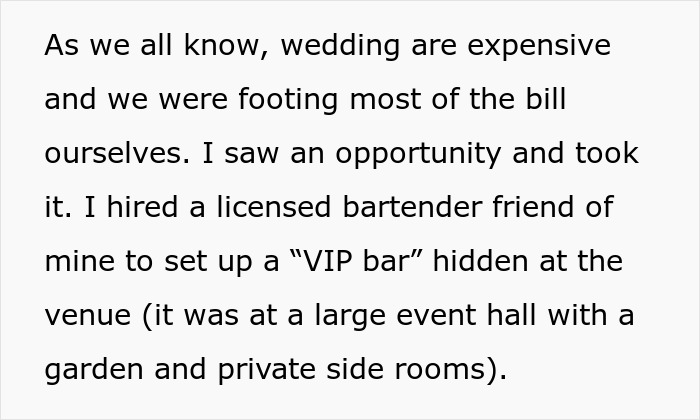 Text excerpt about secretly selling alcohol at a dry wedding to cover event costs, mentioning a hidden VIP bar setup.