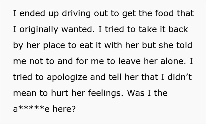 Man driving to get food after refusing to eat vegan meal from girlfriend on her birthday, trying to apologize. Man driving to get food after refusing to eat vegan meal from girlfriend on her birthday, trying to apologize.