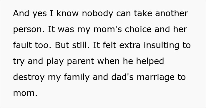 Text excerpt about mom marrying affair partner and the daughter refusing him walking her down aisle after dad passes.