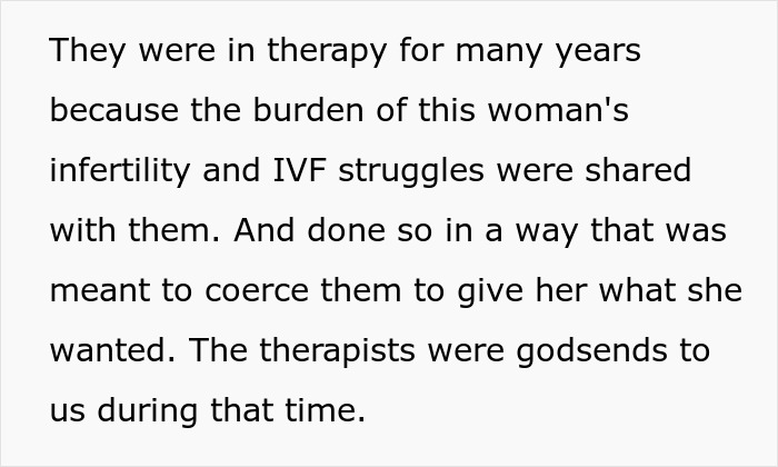 Text excerpt about therapy, infertility, and coercion linked to a stepmom making kids lives difficult.