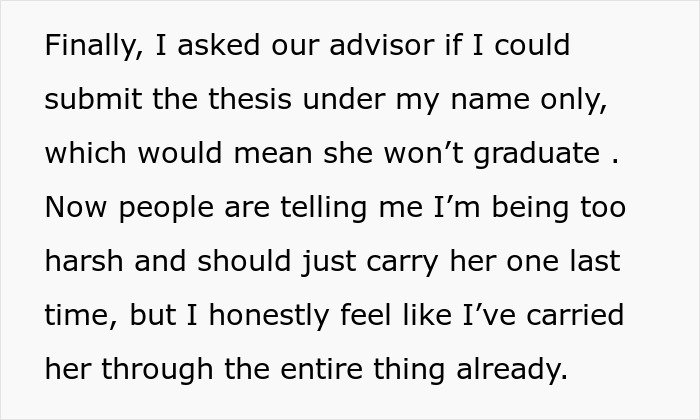 Text discussing a woman at risk of not graduating after failing to contribute to a shared thesis project.