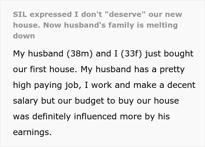 Text excerpt discussing greedy SIL wanting in on brother’s new house causing family tension and shock. Text excerpt discussing greedy SIL wanting in on brother’s new house causing family tension and shock.
