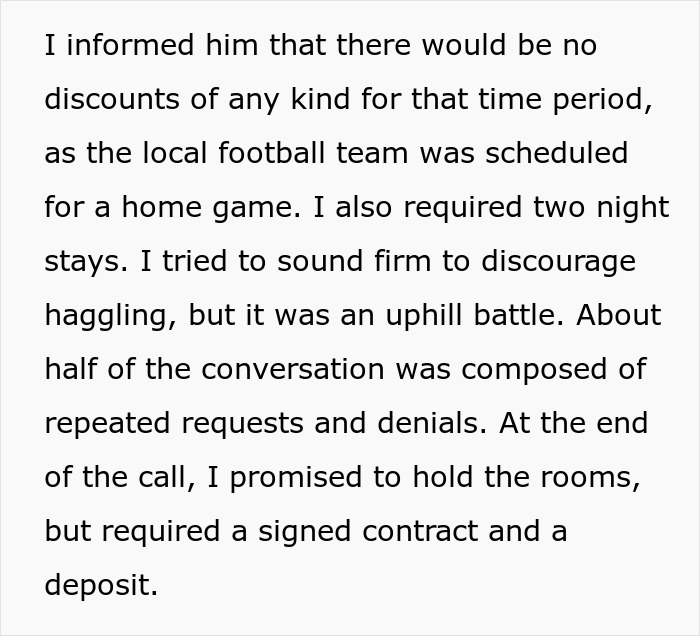 Conversation transcript showing a hotelier firm on discounts amid repeated requests from an entitled lawyer for wedding deals. Conversation transcript showing a hotelier firm on discounts amid repeated requests from an entitled lawyer for wedding deals.