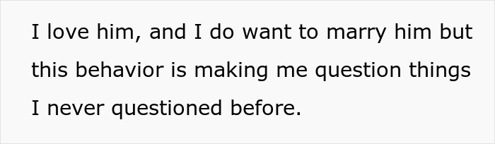 Text on a white background stating the bride questioning her groom-to-be&rsquo;s cold feet behavior before their wedding.