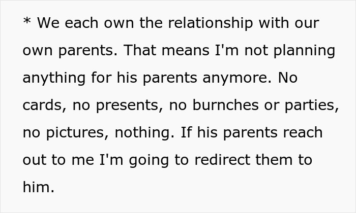 Text discussing relationship boundaries with parents, highlighting abandonment of plans for his parents on Mother's Day.